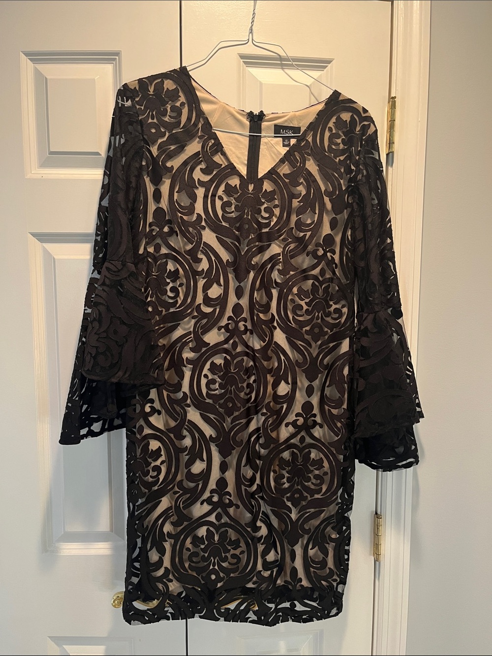 MSK Black Lace Overlay Bell Sleeve Dress with Nude Underlay